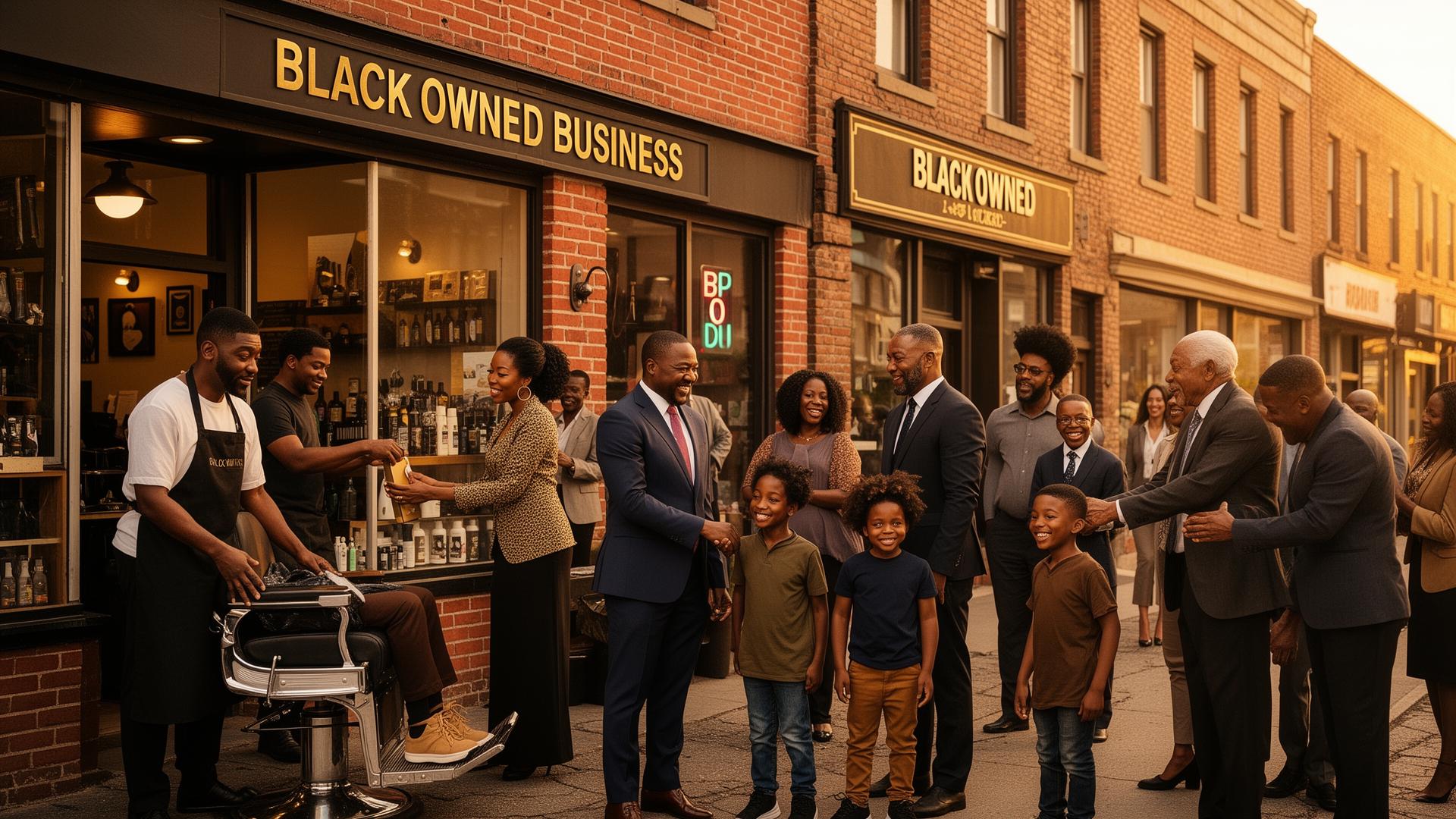 Black community members supporting Black-owned businesses on a thriving commercial street — modern-day Black Wall Street
