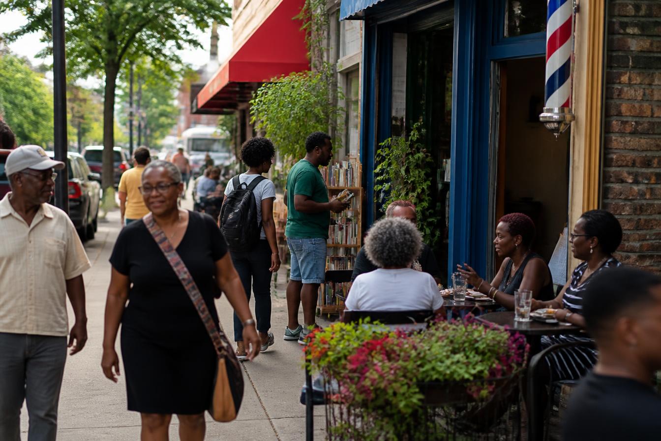 Black community members supporting Black-owned businesses on a thriving commercial street